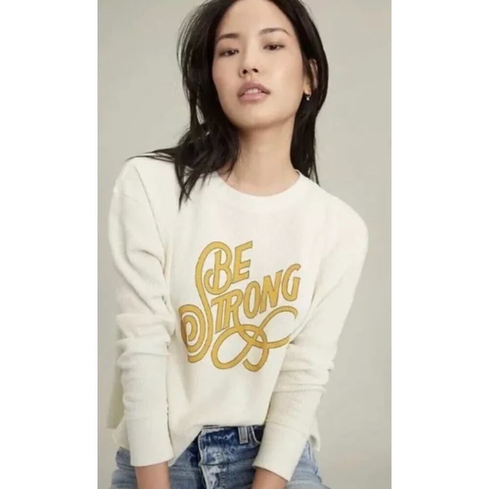 Anthropologie Be Strong Cream Waffle Long Sleeve Graphic Top